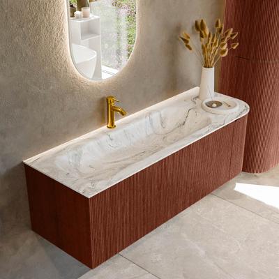 Badmeubel Mondiaz Kurve-Dlux | 135 cm cm | Meubelkleur Ruby | Wastafelkleur Glace | Solid surface | Wasbak links zijde spoelbak | 1 kraangat