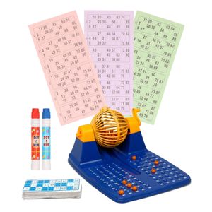 Bingo spel blauw/geel/oranje complete set nummers 1-90 met molen/148x bingokaarten/2x stiften   -