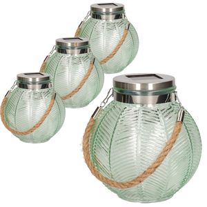 4x stuks groene solar lantaarn van gestreept glas rond 16 cm