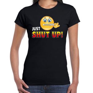 Funny emoticon t-shirt just shut up zwart dames