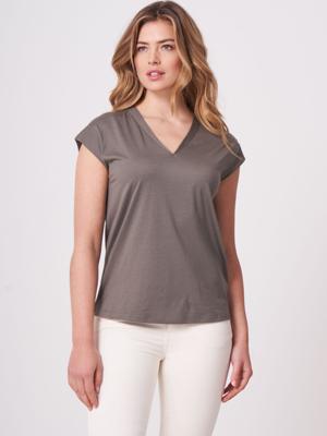 V-hals katoenmix top met oversized schouders