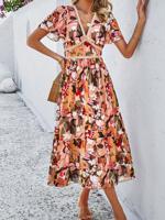 V Neck Casual Floral Dress With No