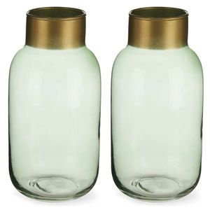 Bloemenvazen 2x stuks - luxe decoratie glas - groen/goud - 12 x 24 cm