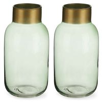 Bloemenvazen 2x stuks - luxe decoratie glas - groen/goud - 12 x 24 cm - thumbnail