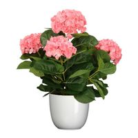 Hortensia kunstplant/kunstbloemen 45 cm - roze - in pot wit glans - Kunstplanten - thumbnail