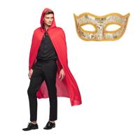 Gemaskerd bal/Halloween verkleedkleding - Met oogmasker in goud - Lange rode mantel met capuchon Gemaskerd bal/Halloween verkleedkleding - Met oogmasker in goud - Lange rode mantel met capuchon