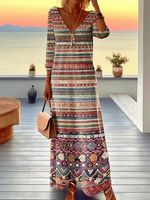 Vintage Ethnic V Neck Dress - thumbnail