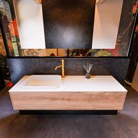 Badkamermeubelset Mondiaz Erin 150 cm met 1 Lade met RIDGE Wastafel Links Talc met 1 kraangat Greeploos Mat Washed Oak