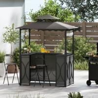Weerbestendige Grillpaviljoen met bar & 2 Barkrukken Tuinpaviljoen met Dubbele Dak & Zonnescherm Grijs