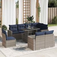 9-delige Loungeset met kussens poly rattan acacia grijs