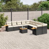 11-delige Loungeset met kussens poly rattan zwart