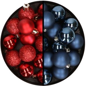 36x stuks kunststof kerstballen rood en donkerblauw 3 en 4 cm