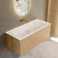 Mondiaz KURVE-DLUX 110 cm Onderkast Greeploos 1 Lade Zonder Deuren Oak, Wastafel Solid Surface Volledig Frappe 0 Kraangaten Zonder Spiegel (KRVBGM1101L0D0KM-Oak/Fra)