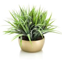 Kunstplant - siergras - groen - in gouden pot - 33 cm - thumbnail