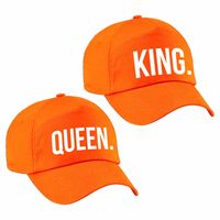 2x oranje baseballcaps met King en Queen tekst