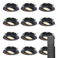 HOFTRONIC™ Set van 12 dimbare LED inbouwspots Rome - Zwart - 6 Watt - Kantelbaar - 2700K warm wit - IP44 - Inclusief afstandsbediening - Geringe inbouwdiepte