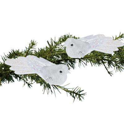 Kerstboomversiering Vogel - 2x stuks - 10 cm - Wit glitter - op clip - ornament