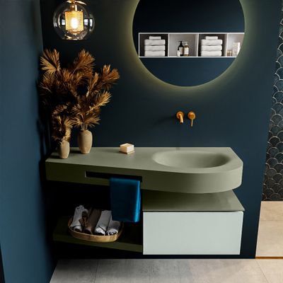 MONDIAZ RIVA 120cm badmeubel onderkast / planchet kleur Greey met 1 lade. Wastafel DULCET rechts 0 kraangaten kleur Army. MONDIAZ RIVA 120cm badmeubel onderkast / planchet kleur Greey met 1 lade. Wastafel DULCET rechts 0 kraangaten kleur Army.