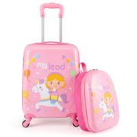 2-delige Kinderkoffer Set Kinderbagage met Wielen 16" Handbagage & 13" Harde Rugzak Roze Eenhoorns
