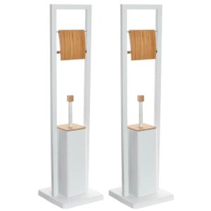 2x stuks toiletborstels met toiletrolhouder wit metaal/bamboe 80 cm