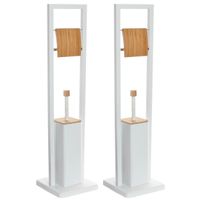 2x stuks toiletborstels met toiletrolhouder wit metaal/bamboe 80 cm - thumbnail