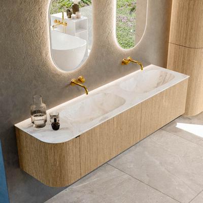 Badmeubel Mondiaz Kurve-Dlux | 175 cm | Meubelkleur Oak | Wastafelkleur Frappe | Solid surface | Dubbele spoelbak | Zonder kraangat(en)