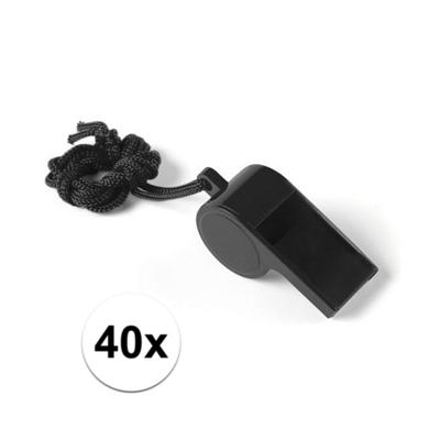 Fluitjes van kunststof - Multipack van 40x stuks - zwart - aan koordje - herrie maken - sport