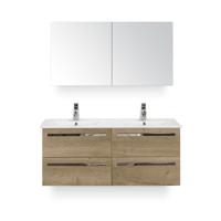 Seville Badmeubelset 120 cm - 4 laden Natuur Eiken - Keramische Wastafel Wit Enjoy - met Spiegelkast