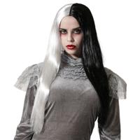 Atosa Halloween verkleedpruik lang haar - zwart/wit - dames - Zombie/Spook/Heks