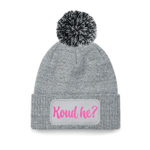 Wintersport muts met pompom - Koud He - grijs - roze glitters - one size - volwassenen - Apres ski