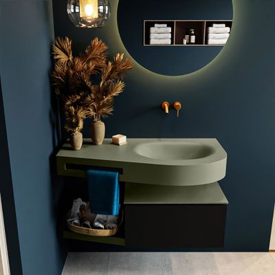 MONDIAZ RIVA 100cm badmeubel onderkast / planchet kleur Urban met 1 lade. Wastafel DULCET rechts 0 kraangaten kleur Army. MONDIAZ RIVA 100cm badmeubel onderkast / planchet kleur Urban met 1 lade. Wastafel DULCET rechts 0 kraangaten kleur Army.