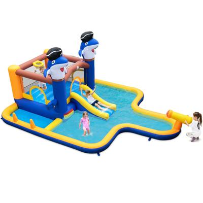 7-in-1 Waterglijbanenpark voor Kinderen Springkasteel met Zwembad en Waterkanon voor Binnen en Buiten 578 x 408 x 250 cm