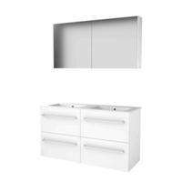 Basic-Line Comfort 46 Badkamermeubelset - 120 x 46 cm - Met Grepen - 4 Lades - Keramische Wastafel - 2 Kraangaten - Spiegelkast - Ice White