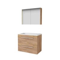 Basic-Line Comfort 46 Badkamermeubelset - 80 x 46 cm - Met Grepen - 2 Lades - Acryl Wastafel - Zonder Kraangat - Spiegelkast - Whisky Oak