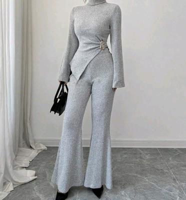 Bon&Bon 2-Delige Ribgebreide Set voor Dames - Zilver met Flare Mouwen L(40/42