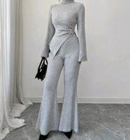 Bon&Bon 2-Delige Ribgebreide Set voor Dames - Zilver met Flare Mouwen L(40/42