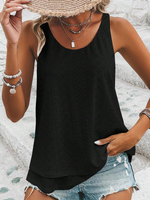 Loose Geometric Elegant Crew Neck Solid Eyelet Embroidery Tank Top - thumbnail