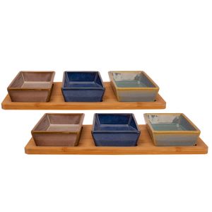 Set van 2x stuks serveerplanken bamboe 31 x 15 cm met 6x luxe hapjes/saus/tapas schaaltjes