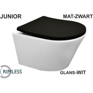 Wiesbaden Vesta Junior Wandcloset Rimless Verkort - Glans Wit - Shade Slim Toiletzitting - Softclose en Quick Release - Mat Zwart