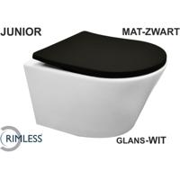 Wiesbaden Vesta Junior Wandcloset Rimless Verkort - Glans Wit - Shade Slim Toiletzitting - Softclose en Quick Release - Mat Zwart