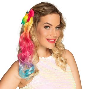 Regenboog hair extension met strik op clip 33 cm   -