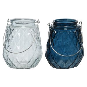 Set van 2x stuks theelichthouders/waxinelichthouders ruitjes glas ijsblauw en donkerblauw 11 x 13 cm