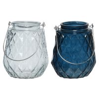 Set van 2x stuks theelichthouders/waxinelichthouders ruitjes glas ijsblauw en donkerblauw 11 x 13 cm