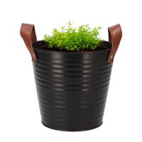 Plantenpot/bloempot emmer Leather - rond - zink - zwart - D18 x H17 cm