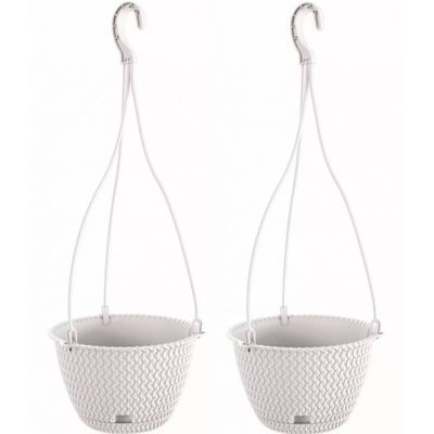 2x Stuks witte hangende kunststof Splofy bloempotten/plantenpotten met schotel 4,8 liter - Plantenpotten 2x Stuks witte hangende kunststof Splofy bloempotten/plantenpotten met schotel 4,8 liter - Plantenpotten