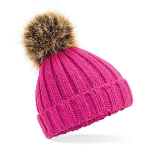 Grof gebreide wintermuts roze met bruine pompon voor dames