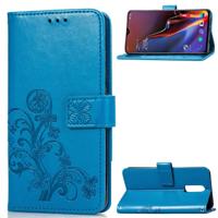 Lucky Clover ingedrukt bloemen patroon lederen draagtas voor OnePlus 6T met houder & kaartsleuven & portemonnee & hand strap (blauw)