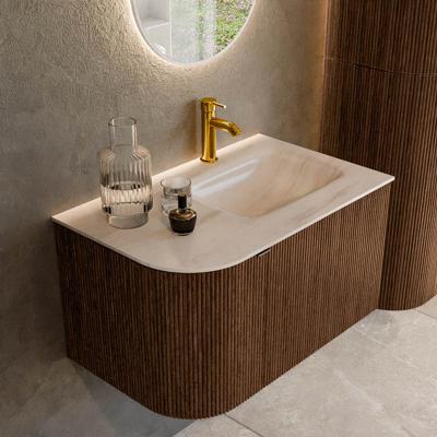 Badmeubel Mondiaz Kurve-Dlux | 75 cm | Meubelkleur Walnut | Wastafelkleur Meli | Solid surface | Wasbak rechter zijde spoelbak | 1 kraangat