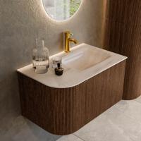 Badmeubel Mondiaz Kurve-Dlux | 75 cm | Meubelkleur Walnut | Wastafelkleur Meli | Solid surface | Wasbak rechter zijde spoelbak | 1 kraangat