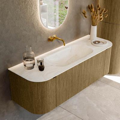 Badmeubel Mondiaz Kurve-Dlux | 140 cm cm | Meubelkleur Dusk | Wastafelkleur Ostra | Solid surface | Wasbak midden spoelbak | Zonder kraangat(en)